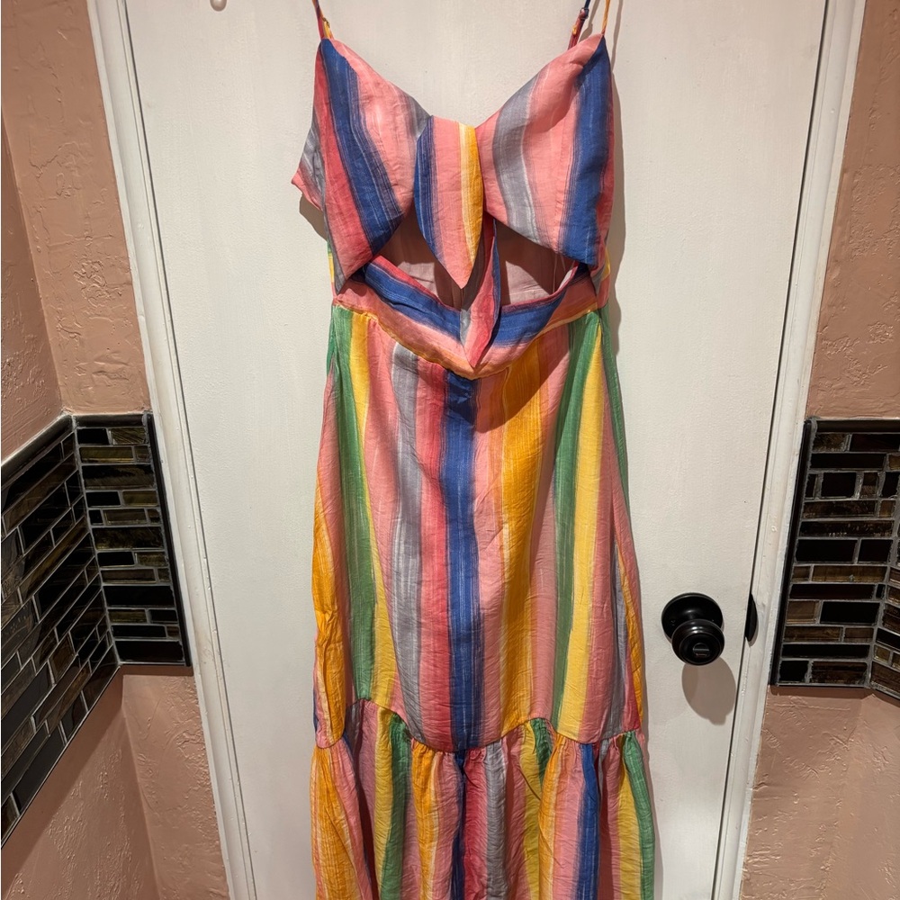 Endless Rose Rainbow Stripe Maxi Dress in Pink, Yellow, Blue & Green